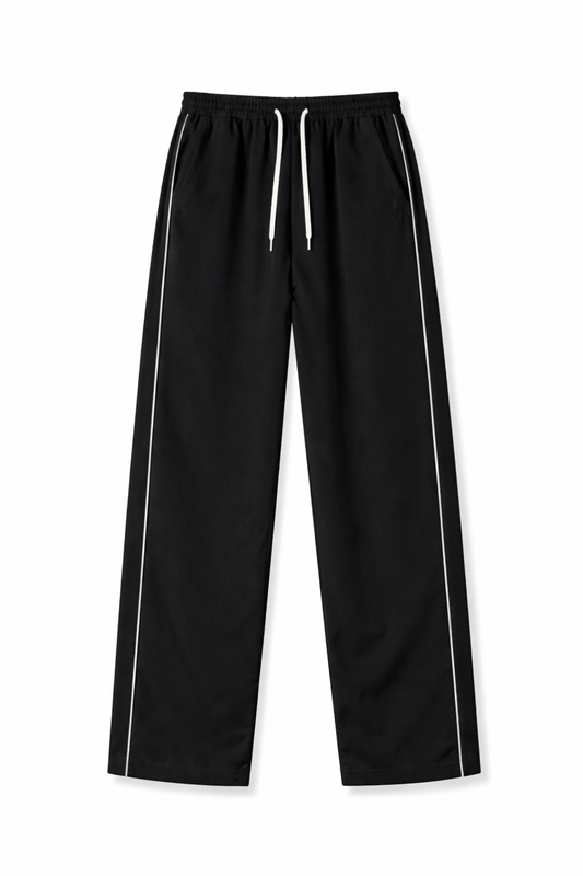 Minimal Stripe Wide-Leg Track Pants – Black